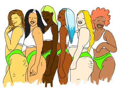 dessins de femmes de tout age et de toute race en culotte vert fluo qui rigolent
